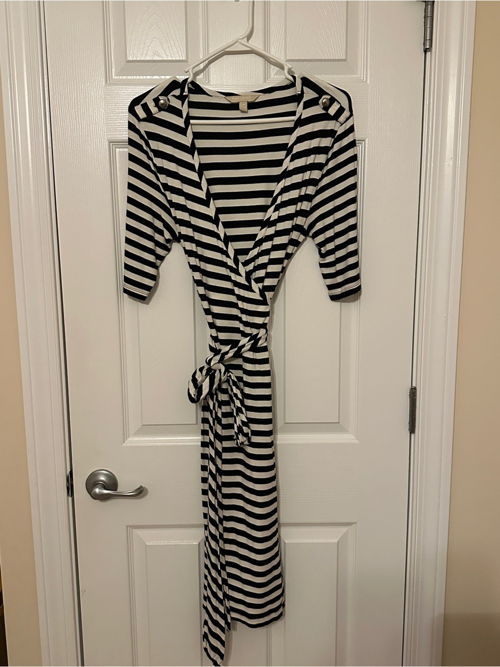 Banana Republic Black & White Striped Wrap Midi Dress